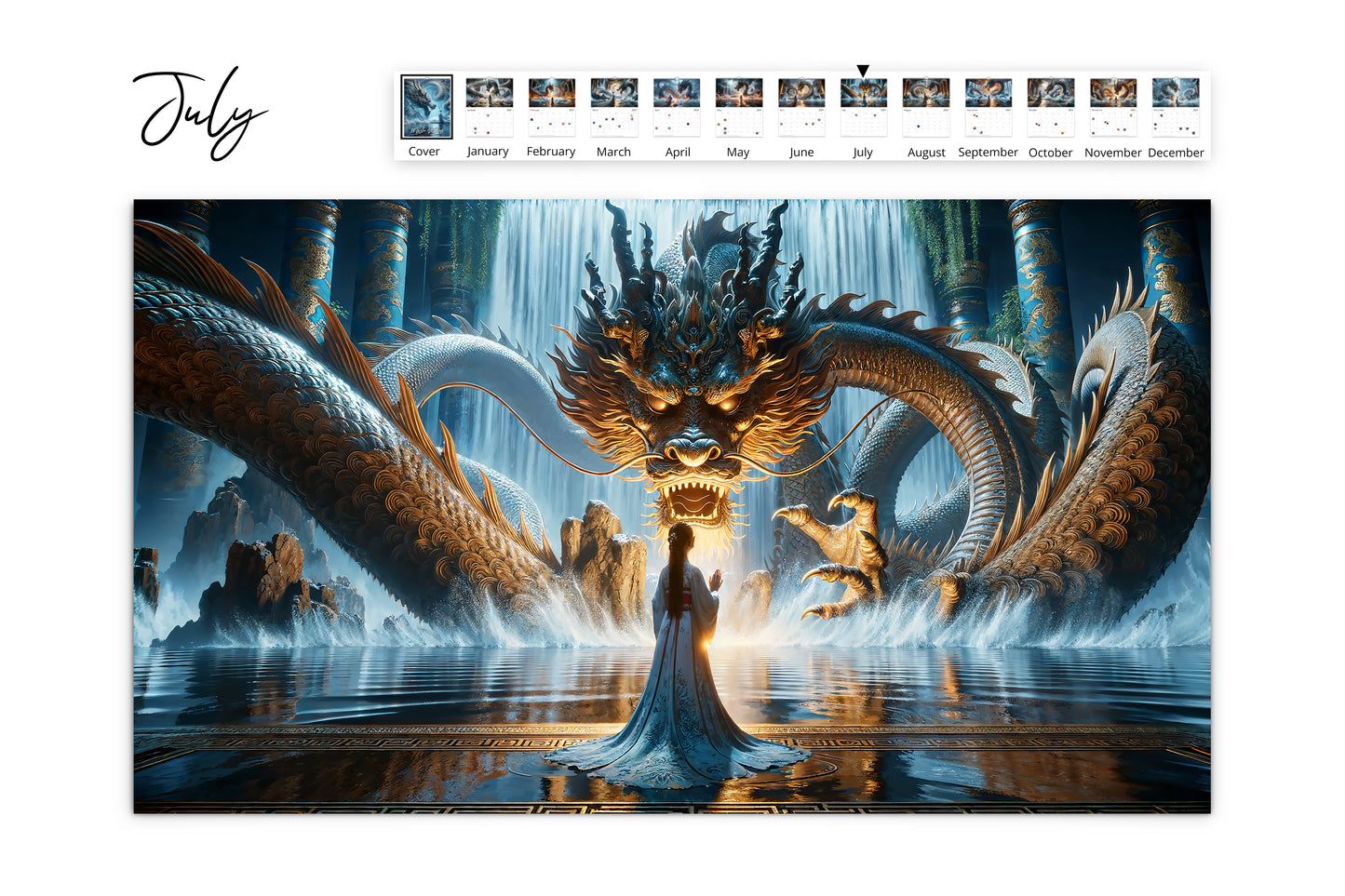 July calendar page highlighting a grand dragon facing a figure in a majestic setting with waterfalls and intricate architectural elements adding to the mystical allure