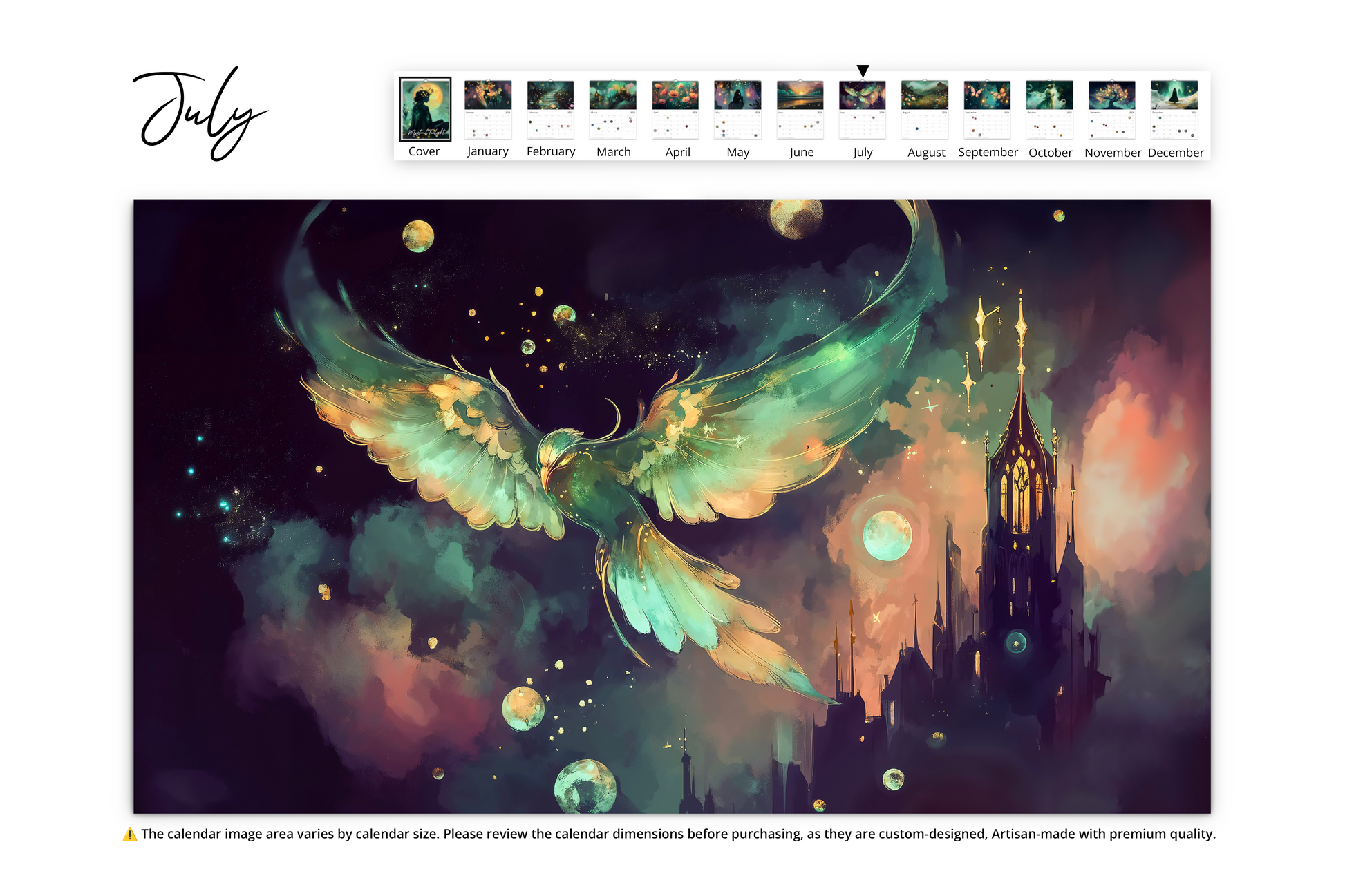 A glowing bird with luminous wings flying amidst celestial spheres, with a magical castle in the background.