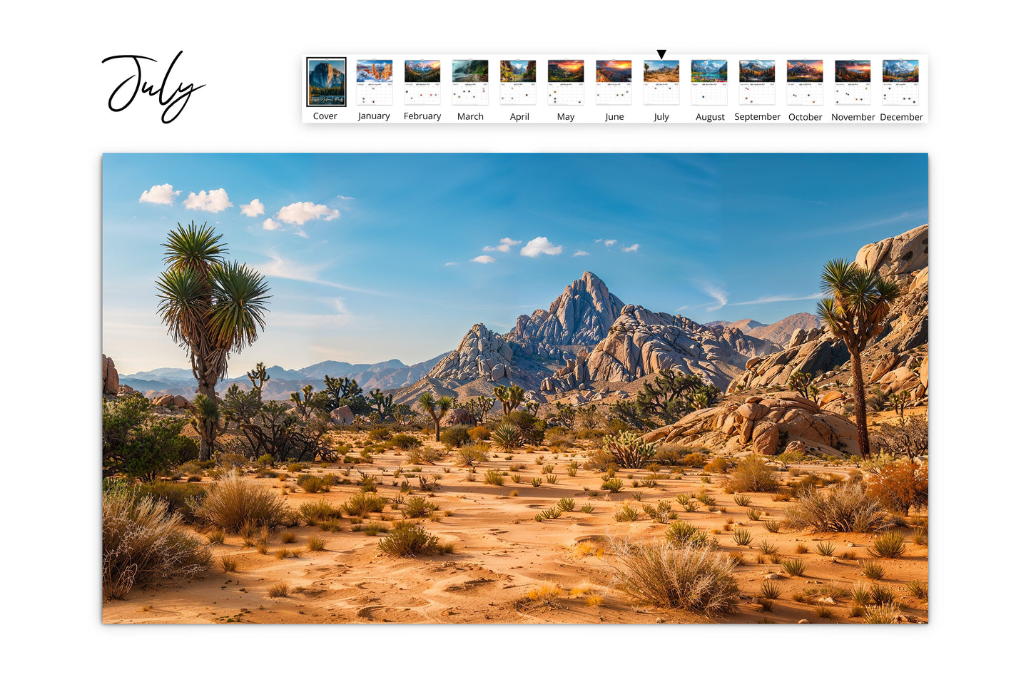 July calendar page showing a desert landscape with Joshua trees and rugged mountains under a clear blue sky, typical of Joshua Tree National Park.