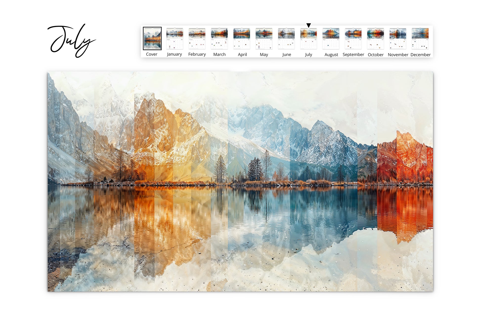 July calendar layout displaying a vibrant mix of autumnal hues and snow-capped mountains mirrored in a calm lake