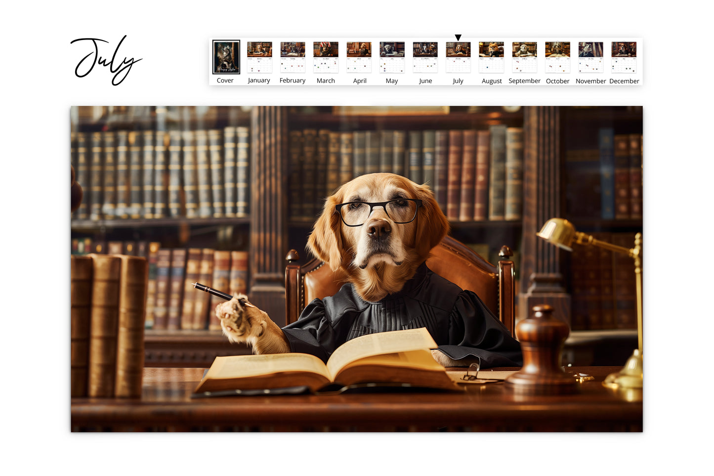 July page of the Paws of Justice calendar showing a Labrador Retriever in a judge's robe, pointing with a pen, with shelves of books in the background