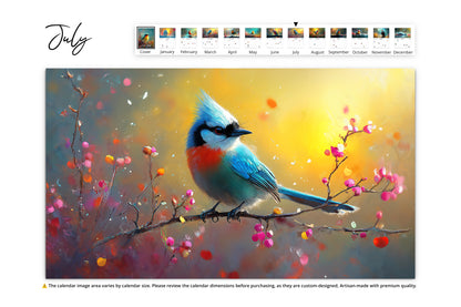 July calendar page showing a vibrant bird with striking blue and orange plumage perched on a flowering branch with colorful bokeh in the background.