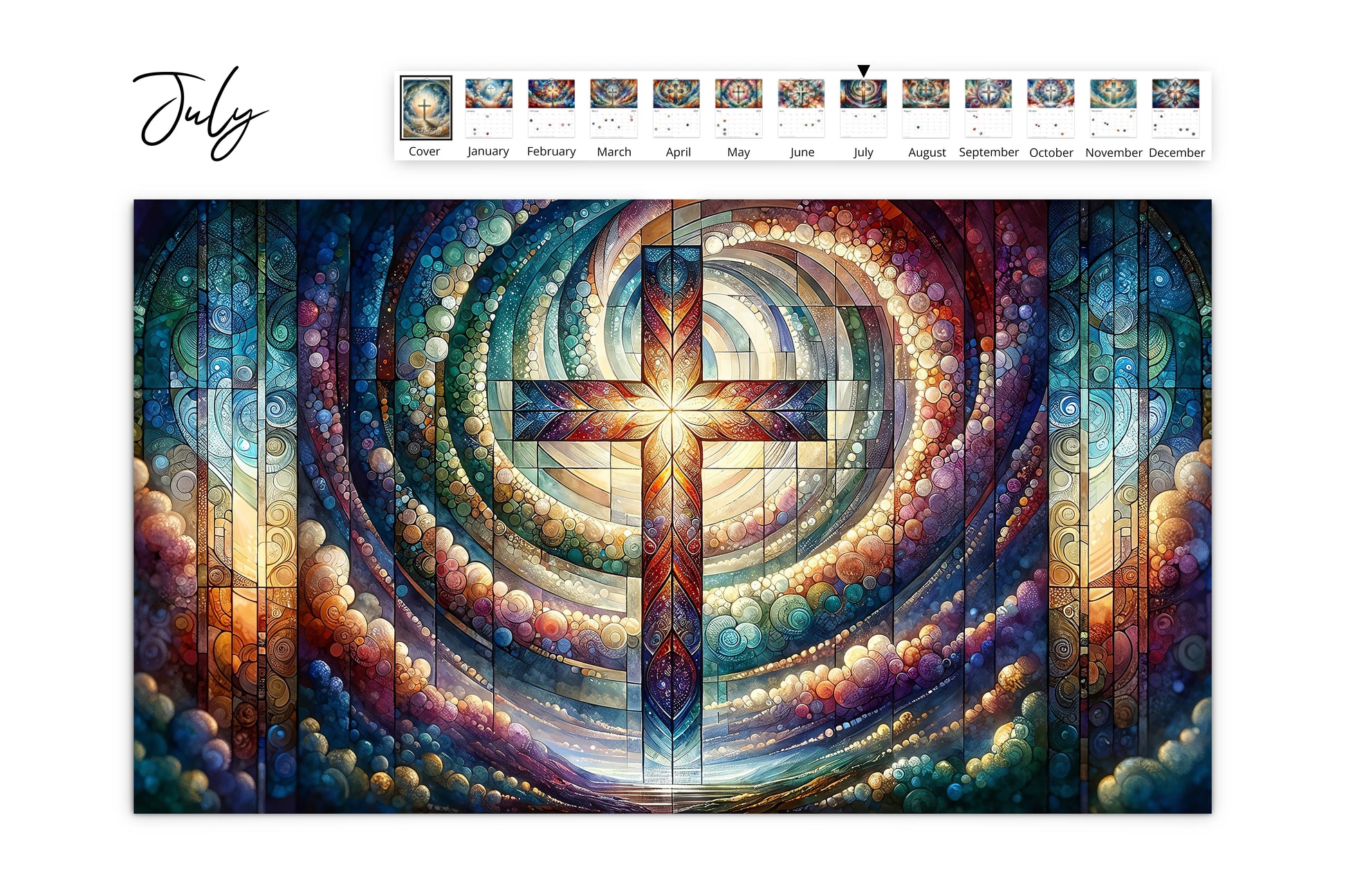 July design consists of a radiant cross with streaming light, set against a backdrop of deep blue clouds and a calendar layout.