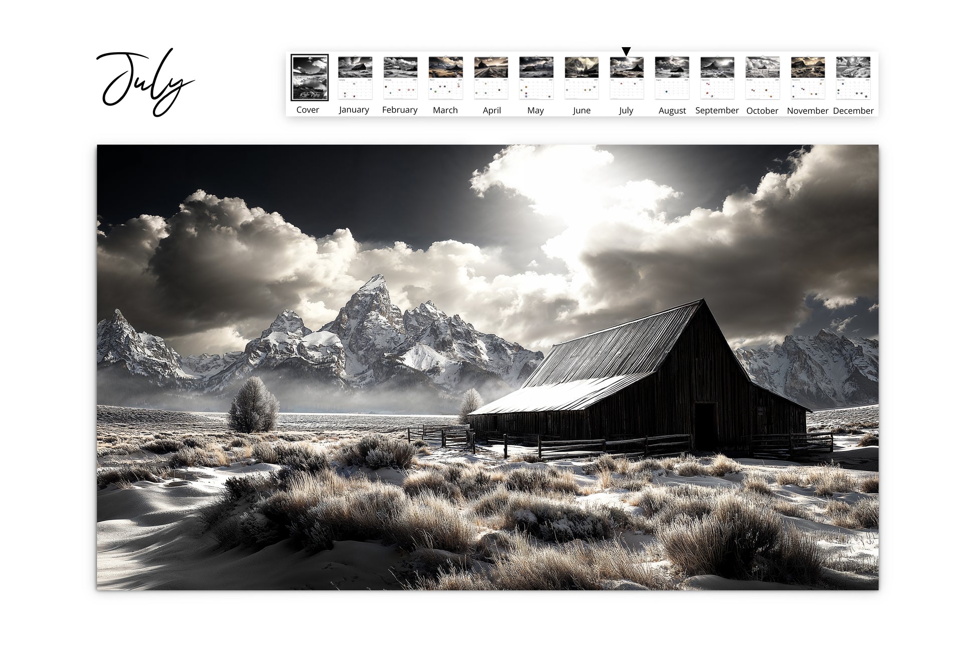 July calendar page highlighting a barn standing alone in a frosty landscape with sunlight filtering through clouds over snow-dusted mountains