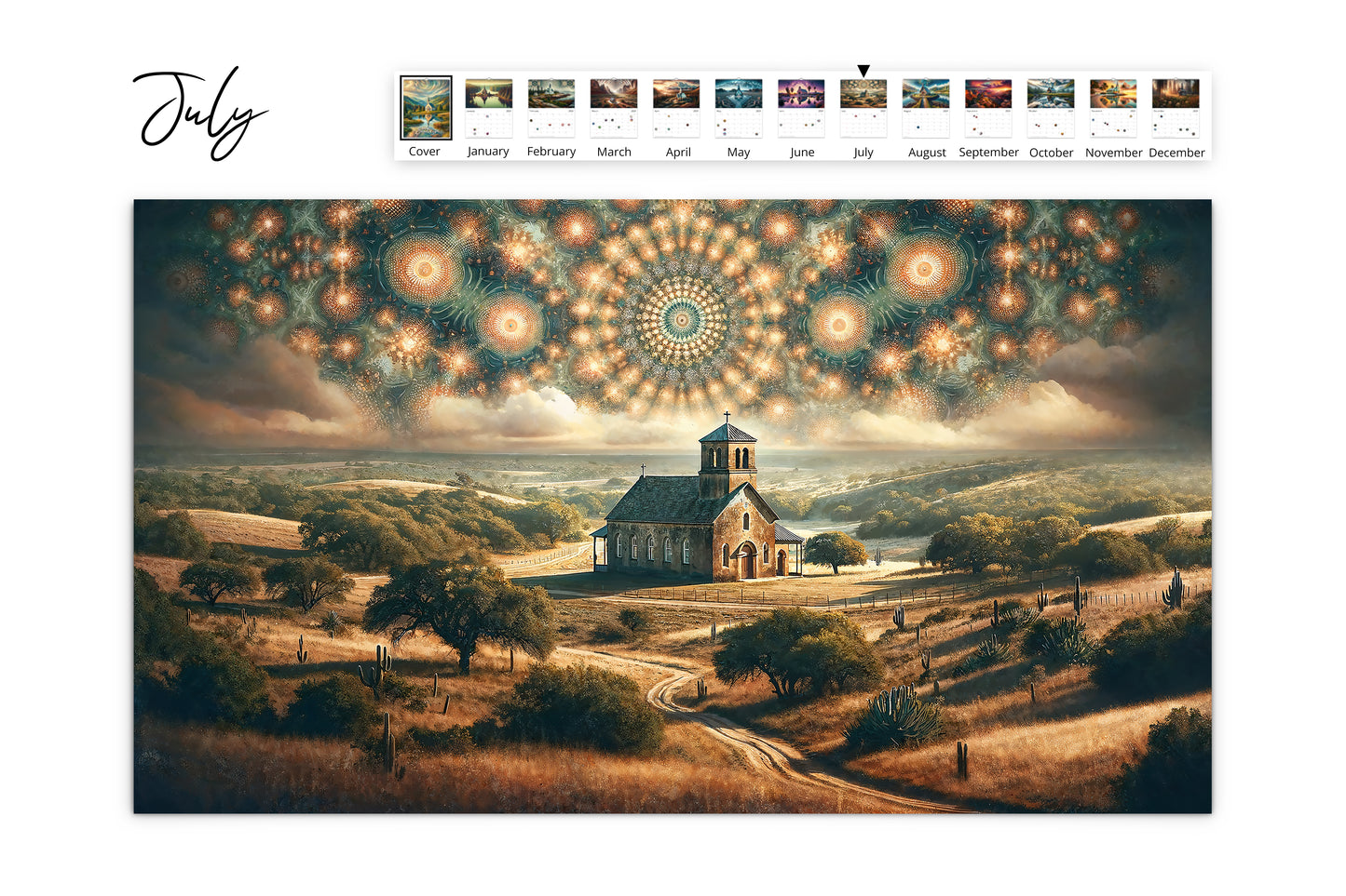 July calendar page showcasing a chapel in a rolling countryside with a sky full of intricate, glowing patterns