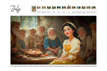 July: Snow White smiling warmly, surrounded by the cheerful faces of the seven dwarfs.