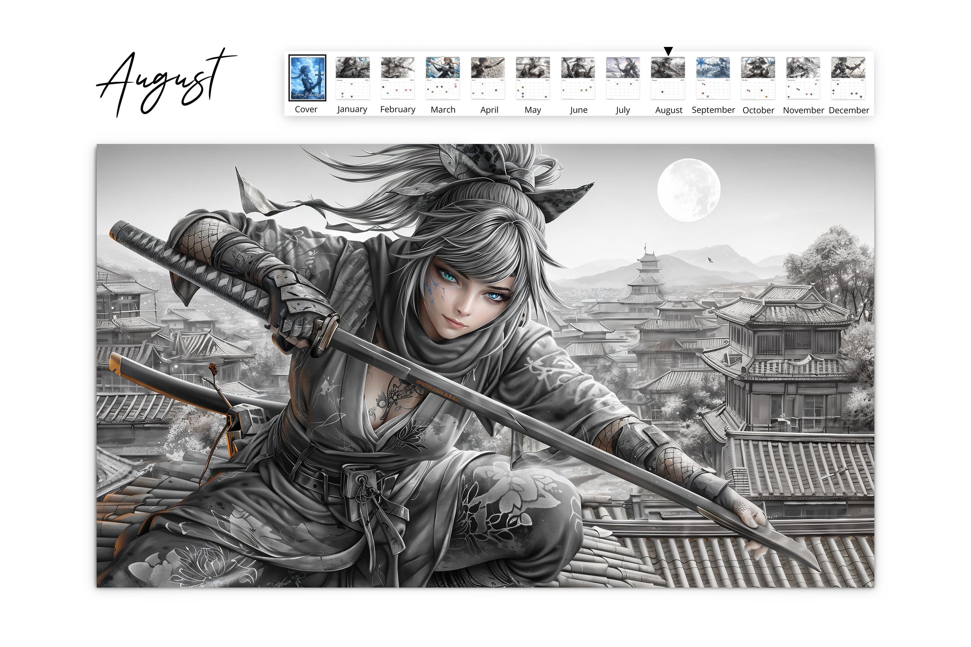 August page of the Anime Inspired Enchantress calendar with a dynamic grayscale illustration of a ninja woman perched on a rooftop, poised with her katana under a full moon