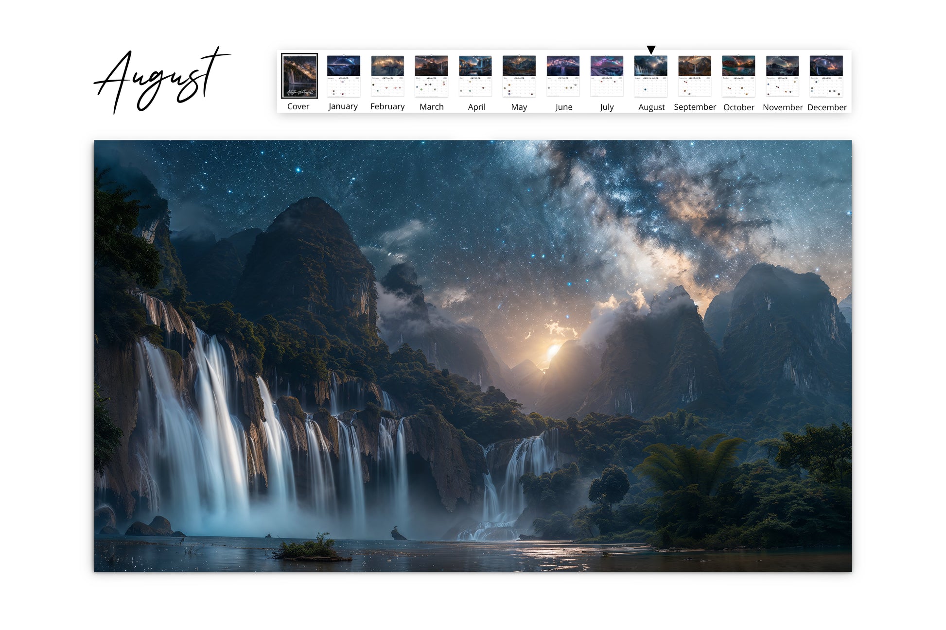 August page of the Artistic Waterfall calendar featuring a lush tropical waterfall under a clear night sky with stars