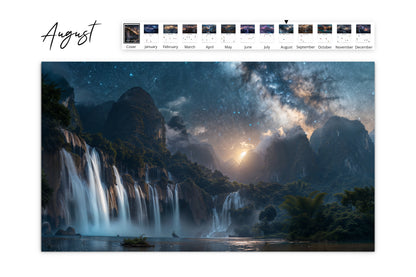 August page of the Artistic Waterfall calendar featuring a lush tropical waterfall under a clear night sky with stars