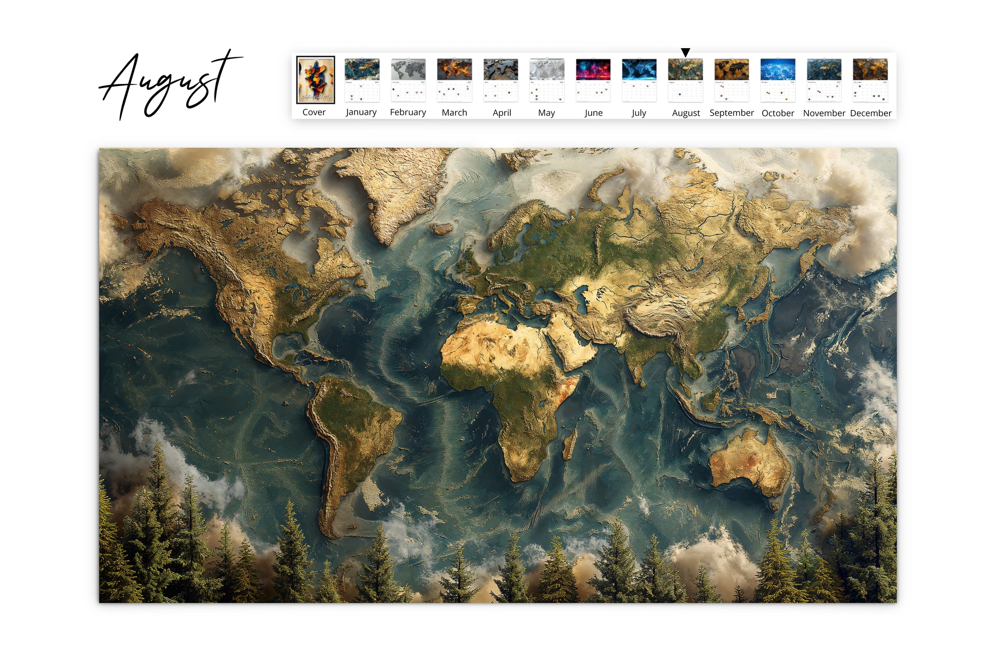 August page of Artistic World Map Wall Calendar depicting a textured and richly colored world map surrounded by forests