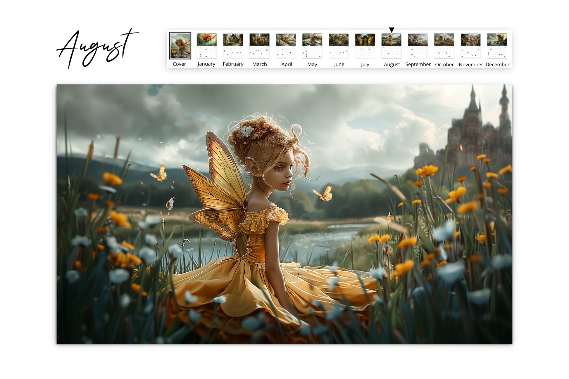 August page featuring a fairy princess in a golden dress sitting in a field of wildflowers with a castle in the background