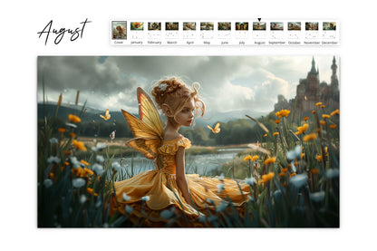 August page featuring a fairy princess in a golden dress sitting in a field of wildflowers with a castle in the background