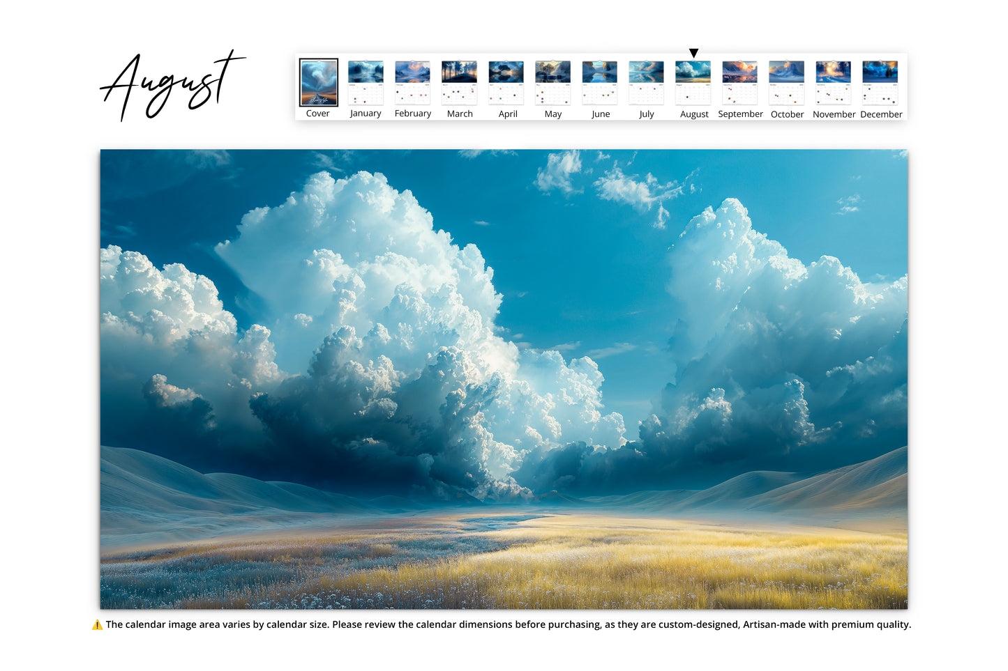 August image of a golden field stretching to the horizon beneath a vibrant blue sky with fluffy clouds