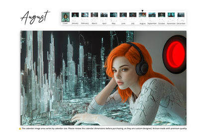 August: Woman with vibrant red hair and black headphones, observing a futuristic city skyline.