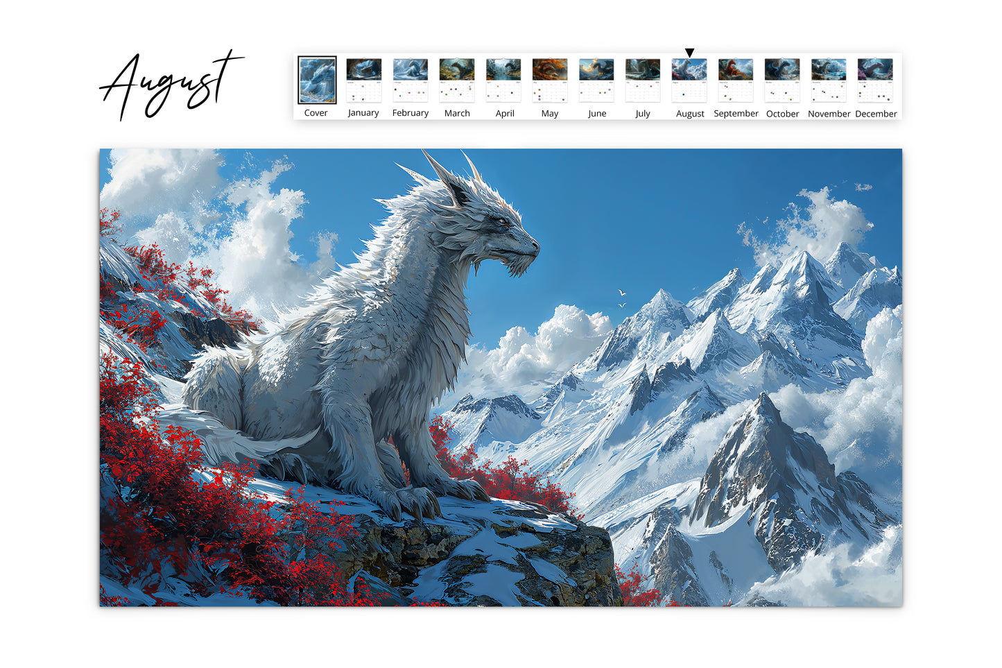 August calendar page showing a dragon overlooking a snowy mountain landscape with red foliage