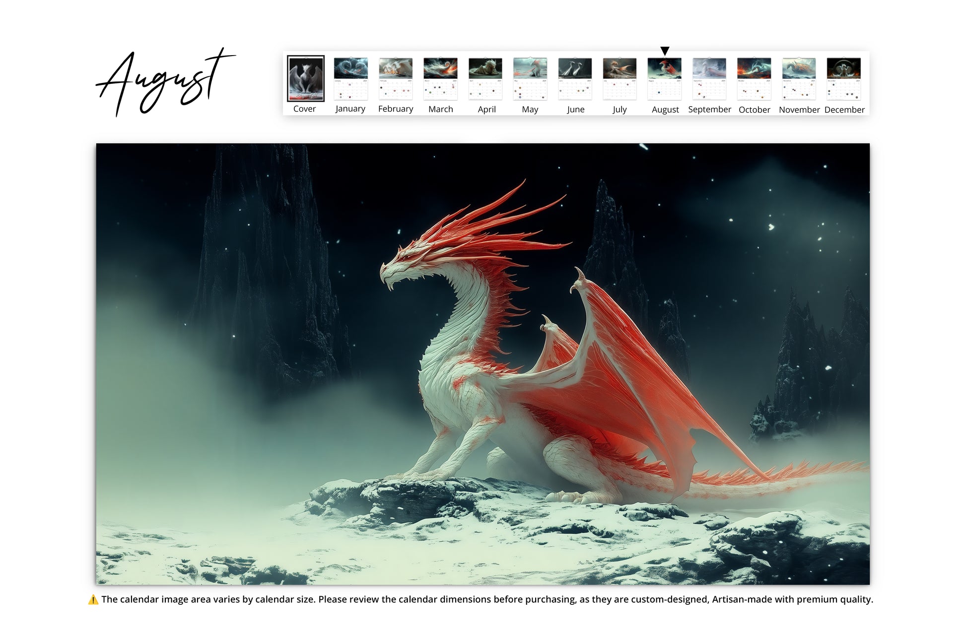 A white dragon with glowing red wings standing tall in a snowy, night-lit landscape.