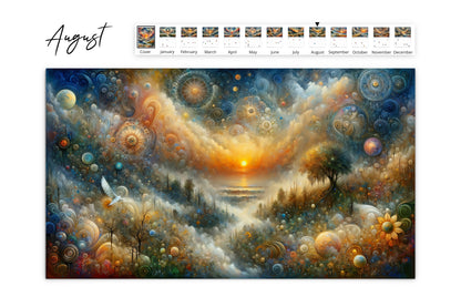  August page of the Edge of Eternity calendar displaying a dreamlike landscape with a sunset, abstract patterns, and colorful orbs