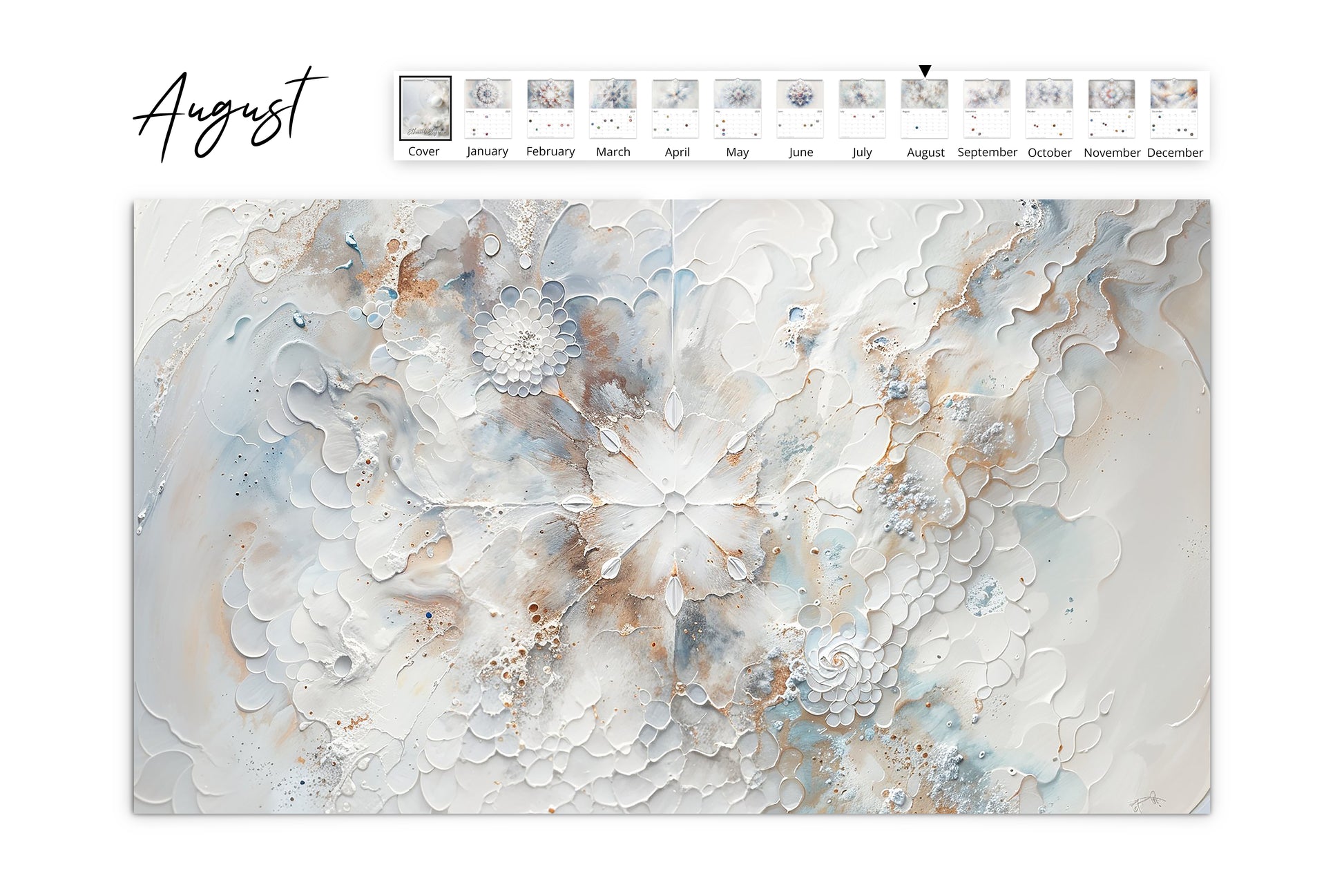 Wall calendar for August features an expansive white floral artwork with cascading petals and watercolor splashes creating a dreamy effect.