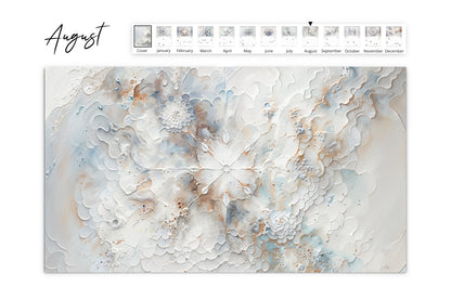 Wall calendar for August features an expansive white floral artwork with cascading petals and watercolor splashes creating a dreamy effect.