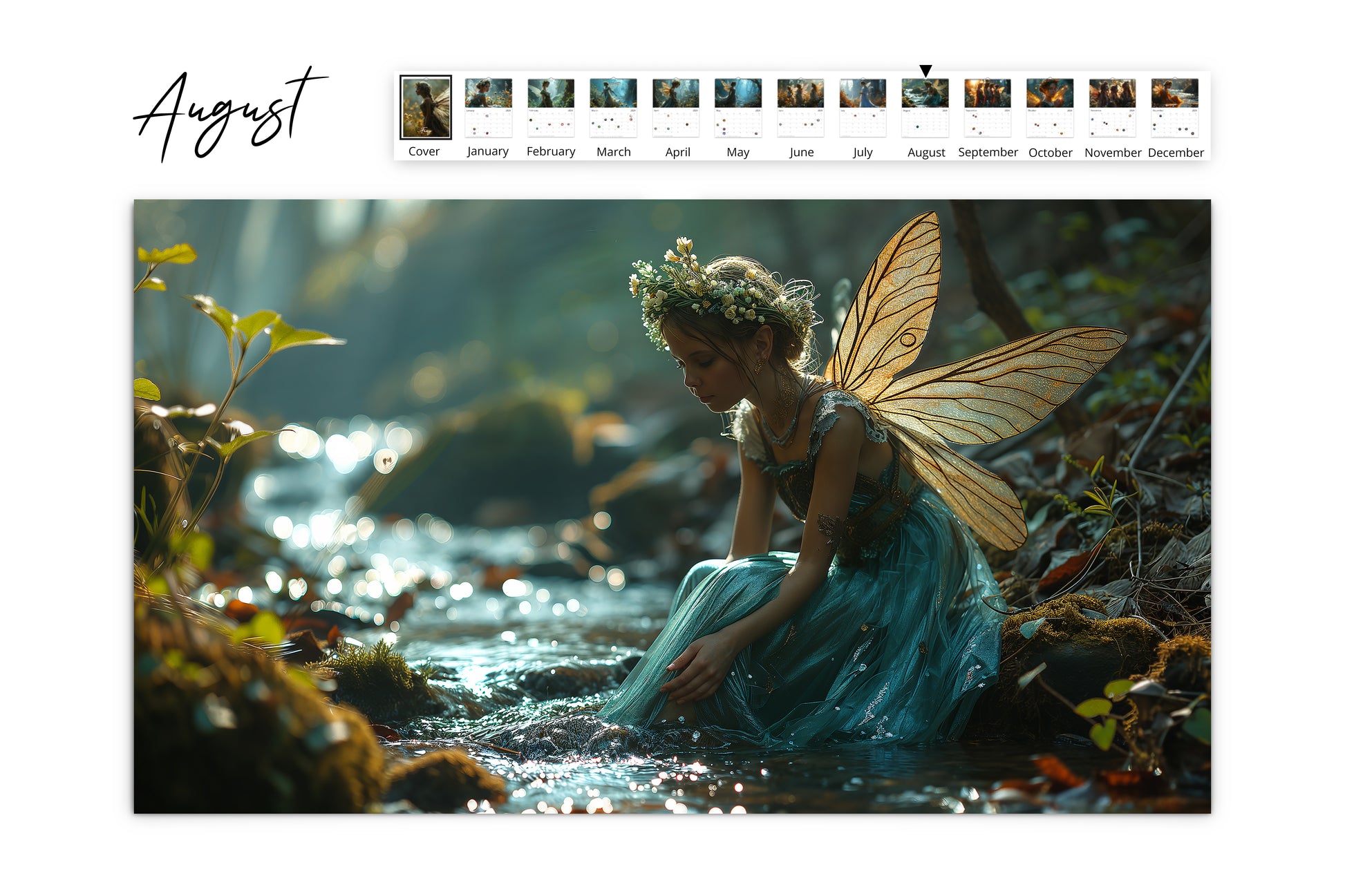 August page of the calendar featuring a fairy in a blue dress sitting by a stream with sunlight reflecting on the water