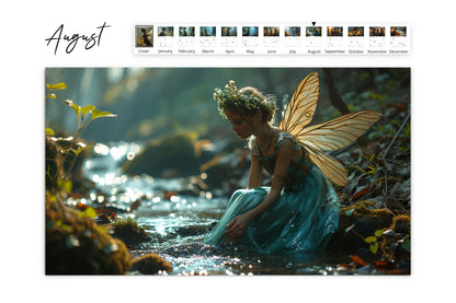 August page of the calendar featuring a fairy in a blue dress sitting by a stream with sunlight reflecting on the water