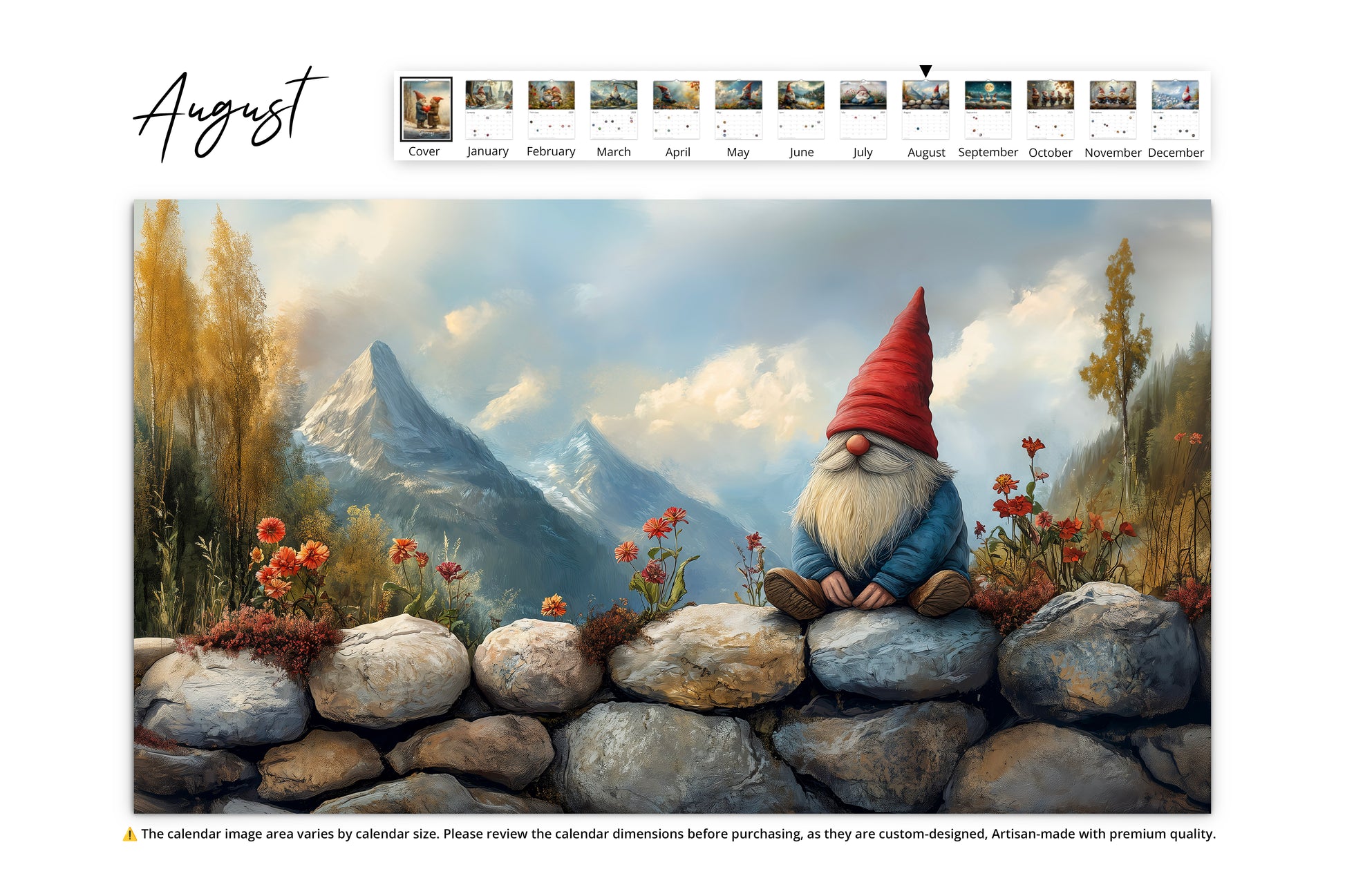 August image of a gnome sitting on a stone wall with mountains, trees, and flowers in the background 