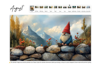 August image of a gnome sitting on a stone wall with mountains, trees, and flowers in the background 