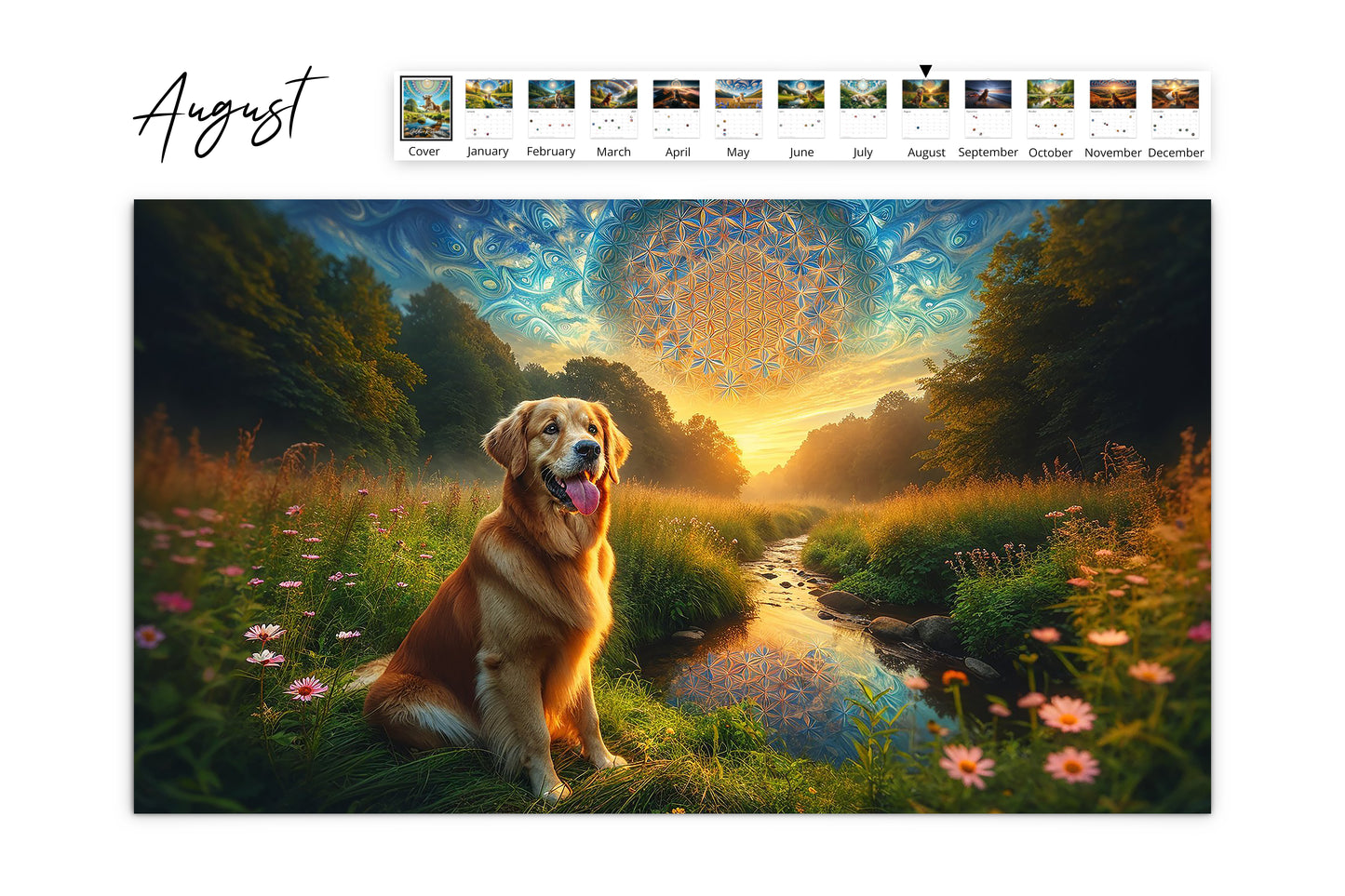 August depicts a Golden Retriever sitting among wildflowers by a forest path, with a detailed mandala overlay in the late summer sky.