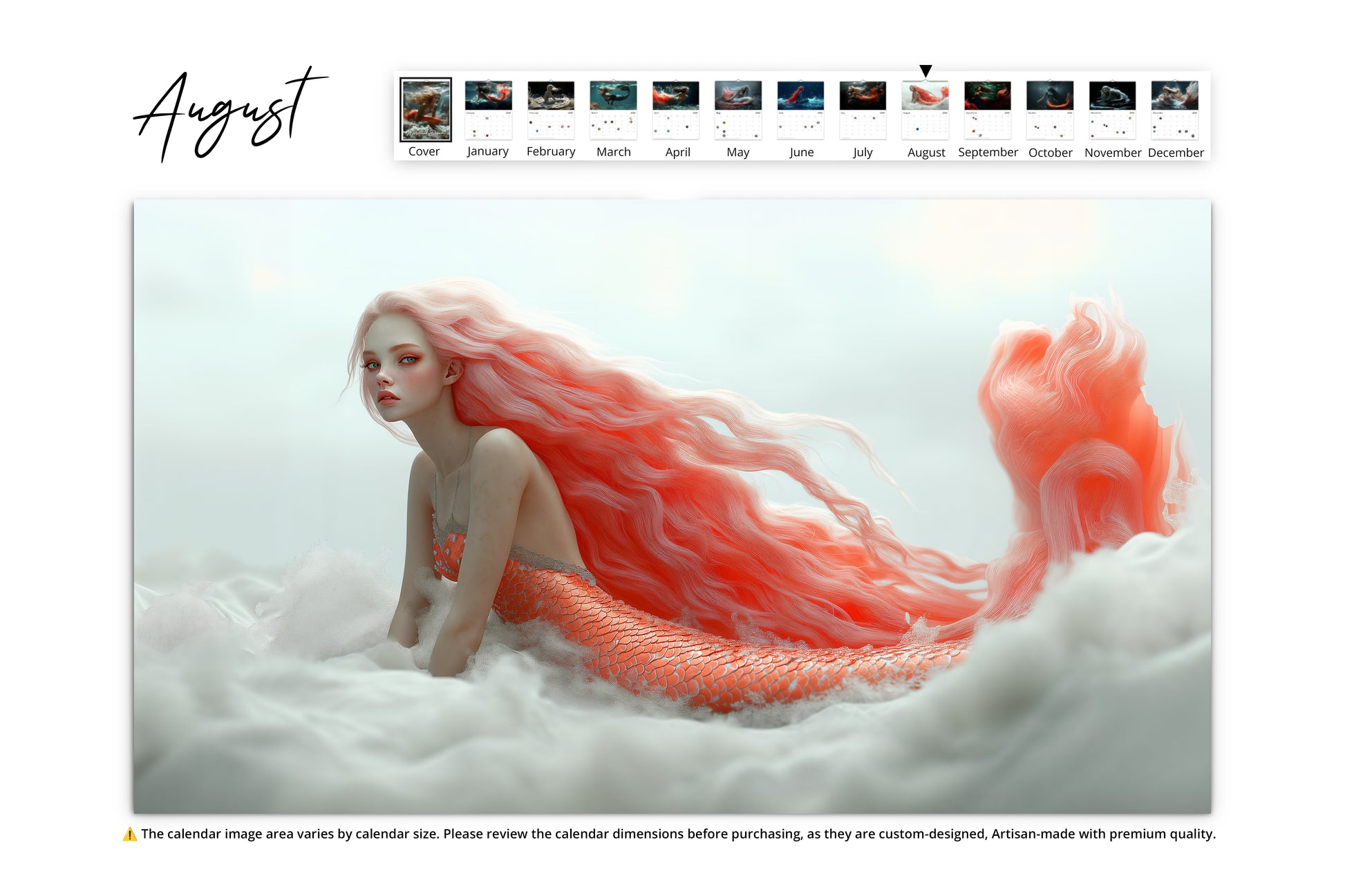 A soft, dreamlike image of a pale mermaid with long flowing pink hair resting on a cloud-like surface, her peach-colored tail blending into the soft white and pastel background.