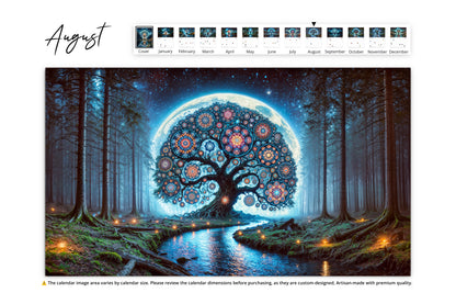 August A magical tree adorned with vibrant circular patterns against a giant moonlit backdrop, standing in a misty forest with a glowing stream at its base.