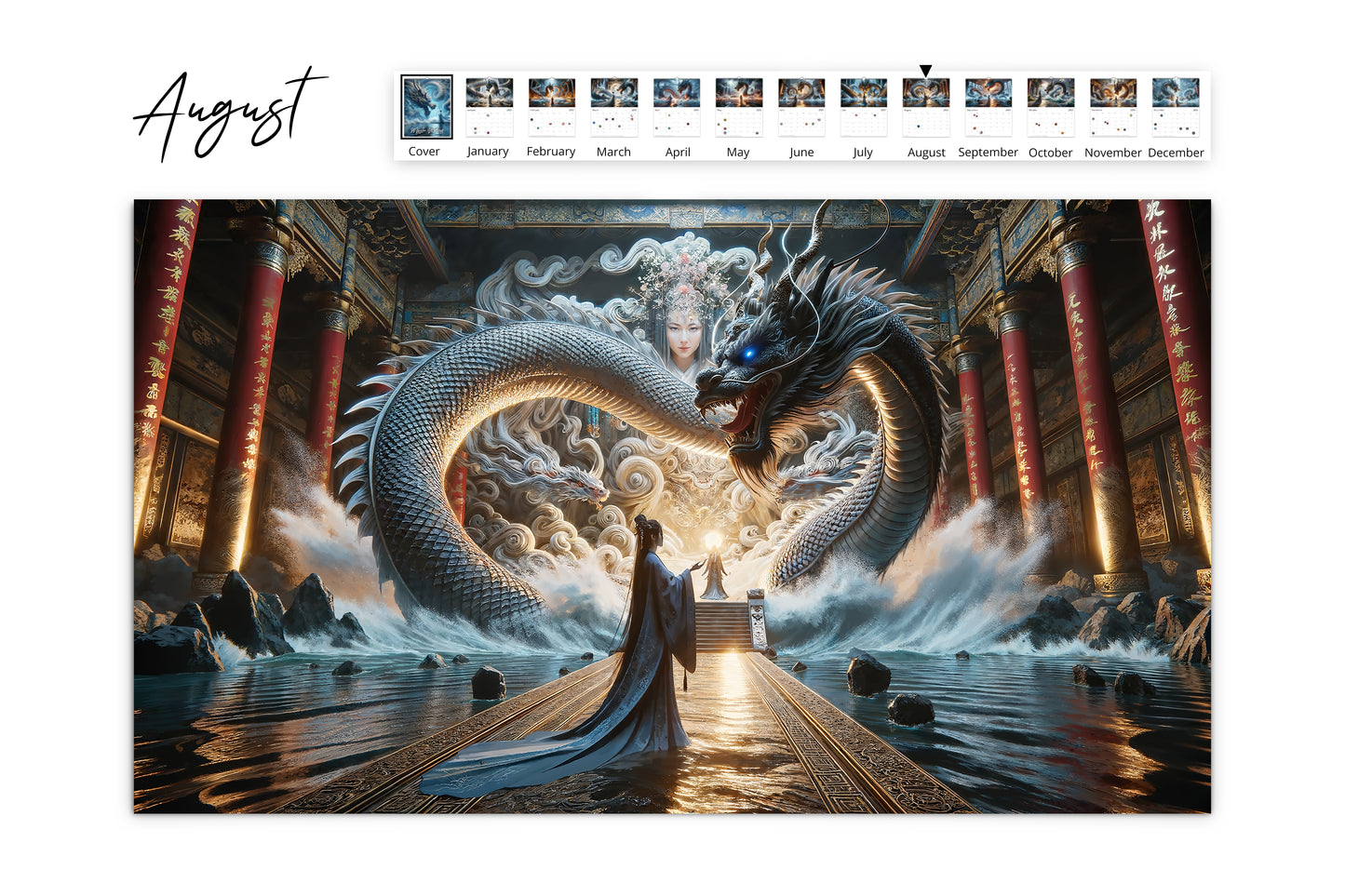 August calendar page showcasing a mystical scene with a dragon and an ethereal figure amidst flowing water and intricate details enhancing the enchanting atmosphere