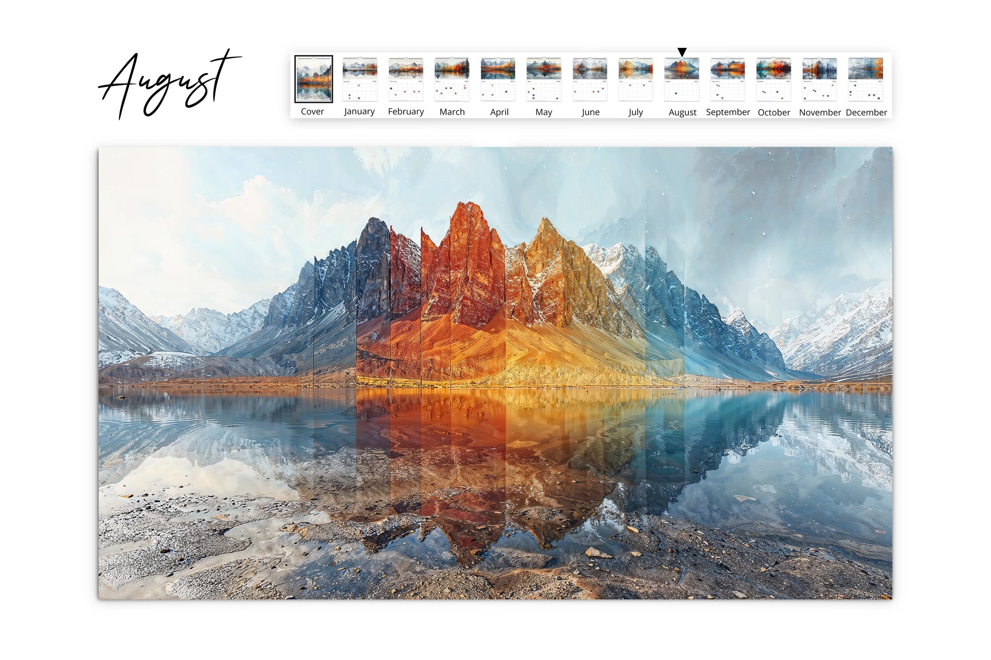 August calendar layout featuring a stunning mountain range with colorful autumn foliage and reflections in the water