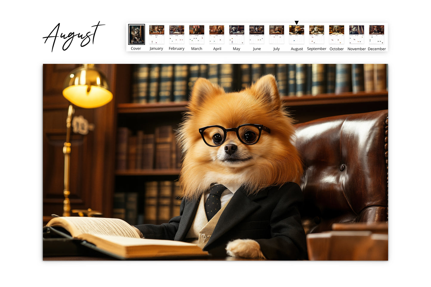 August page of the Paws of Justice calendar featuring a Pomeranian in a suit with glasses, sitting at a desk with an open book in a wood-paneled library