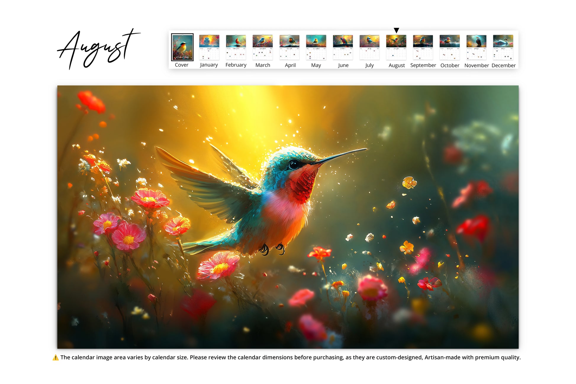August calendar page featuring a hummingbird hovering above brightly lit flowers with a golden, dreamlike background.