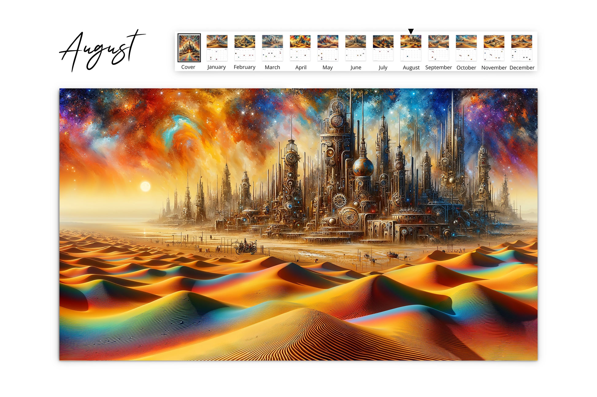 August calendar layout showcasing a steampunk city with colorful sand dunes and a vibrant night sky filled with stars and gears