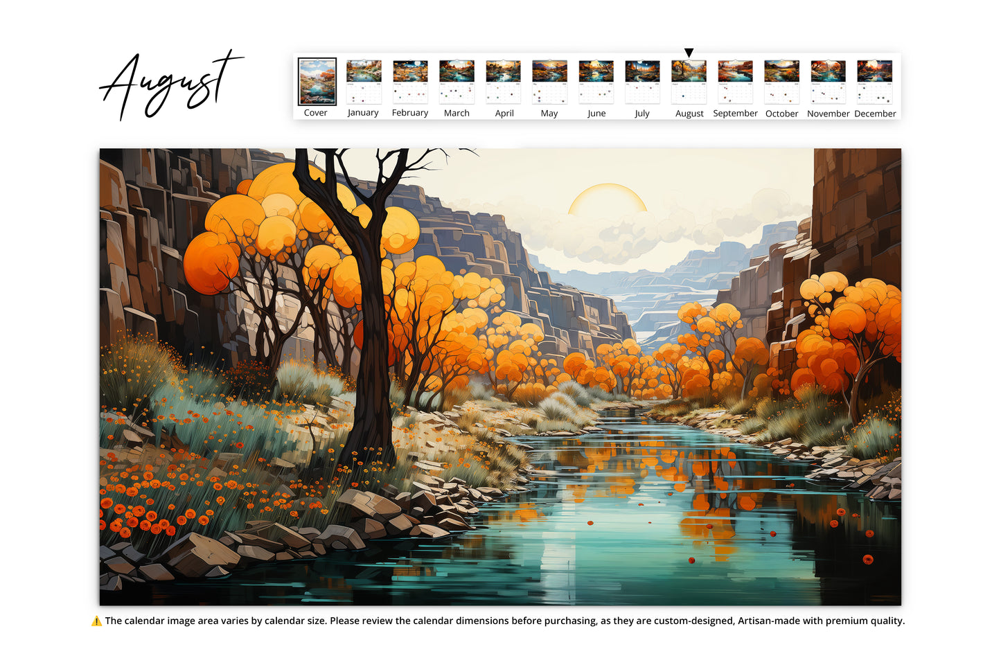 August calendar page showcasing a serene desert river scene with autumnal orange trees and layered rocky cliffs under a soft sunset