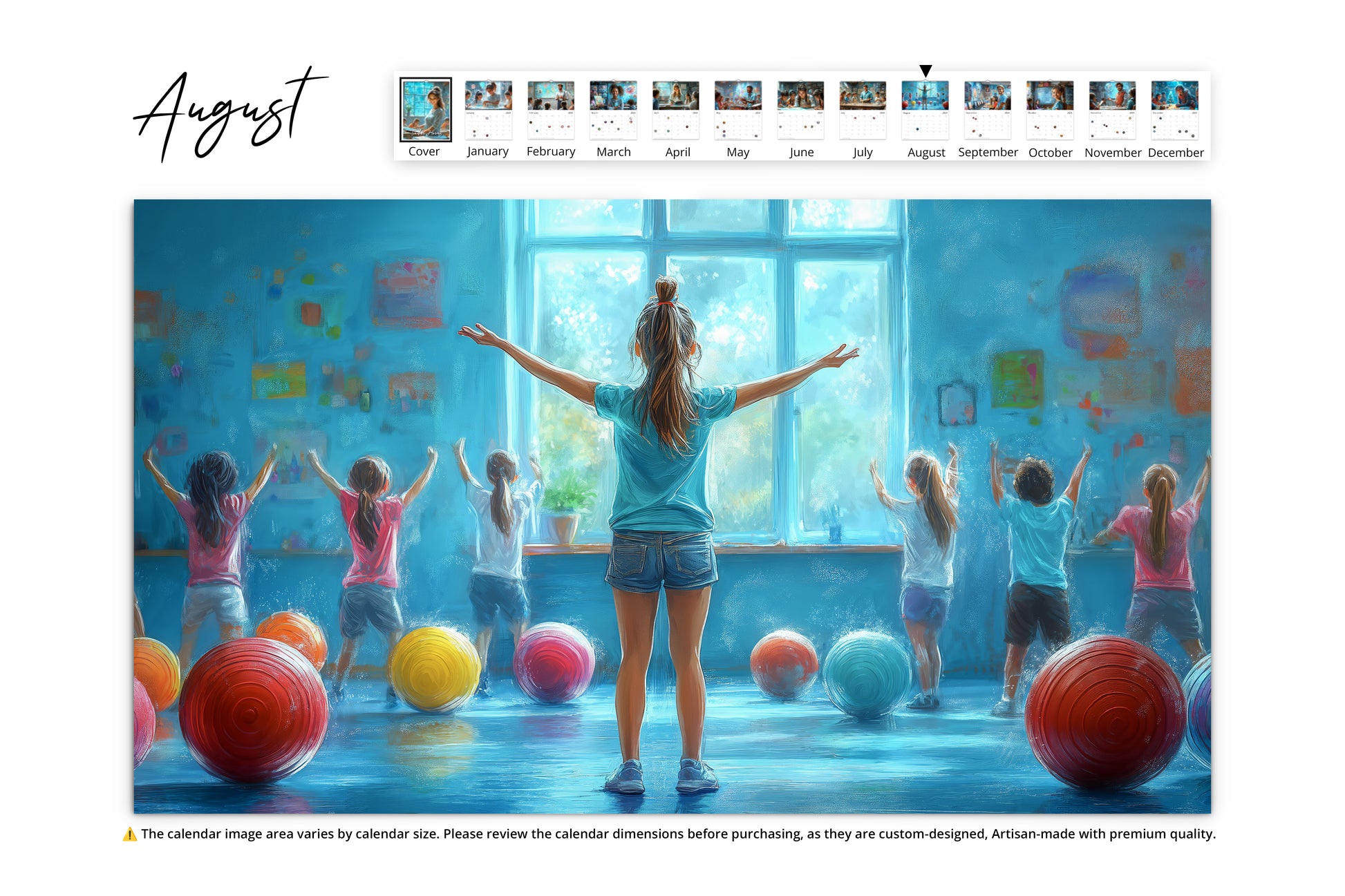 A physical education teacher leading a fun and energetic fitness activity in a bright classroom with colorful exercise balls.