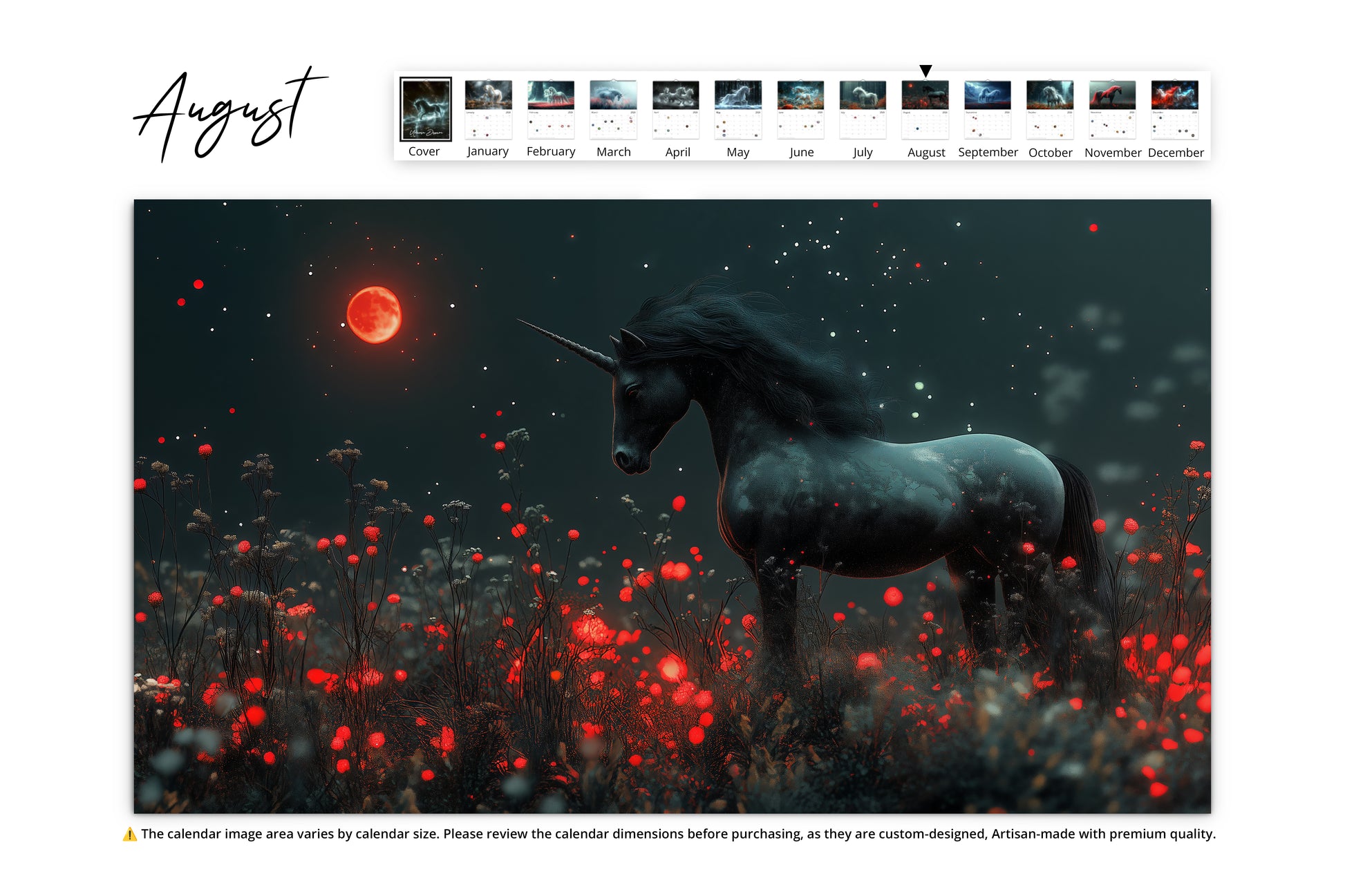 August month showcasing a black unicorn in a field of red flowers under a dark sky illuminated by a glowing red moon