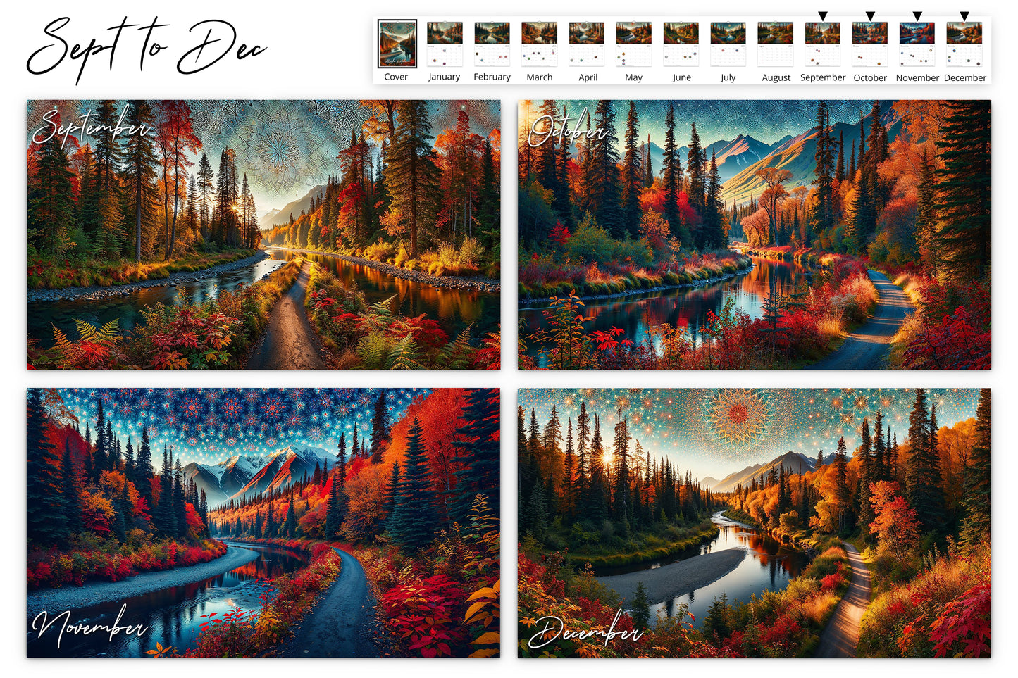 September to December: Each month captures a unique view of Alaska autumn, from a winding river through vividly colored forests to serene dusks, each under a uniquely patterned kaleidoscope sky.