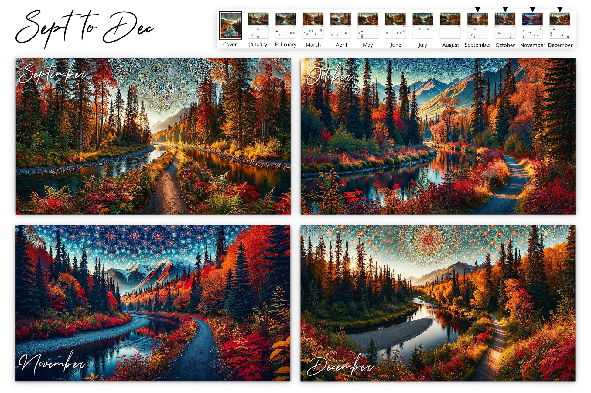 September to December: Each month captures a unique view of Alaska autumn, from a winding river through vividly colored forests to serene dusks, each under a uniquely patterned kaleidoscope sky.