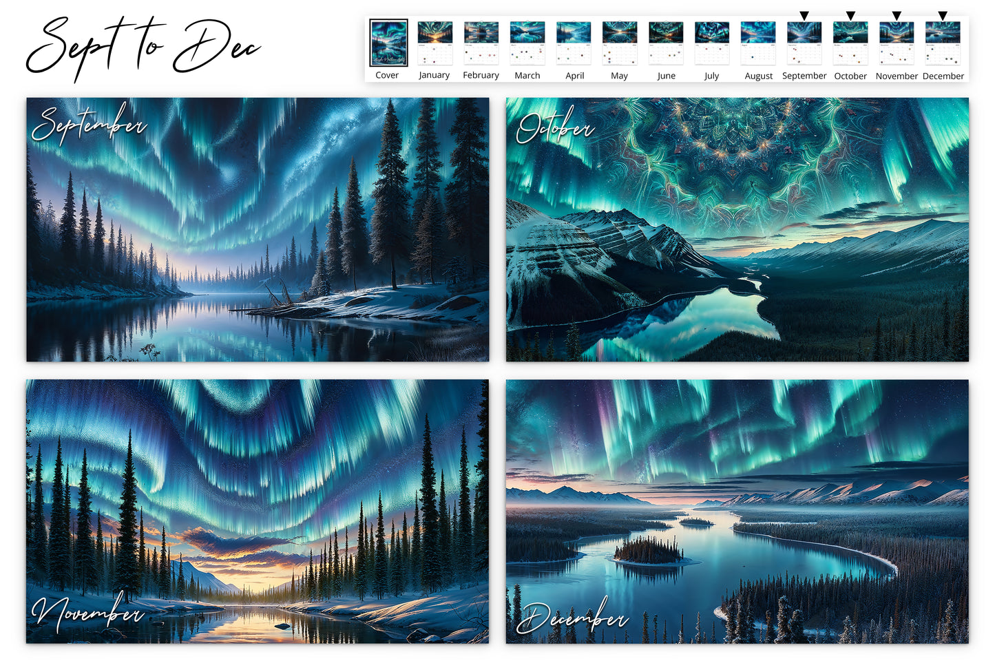 September to December calendar pages displaying various stunning views of the northern lights over different Alaskan winter landscapes including forests, lakes, and mountains