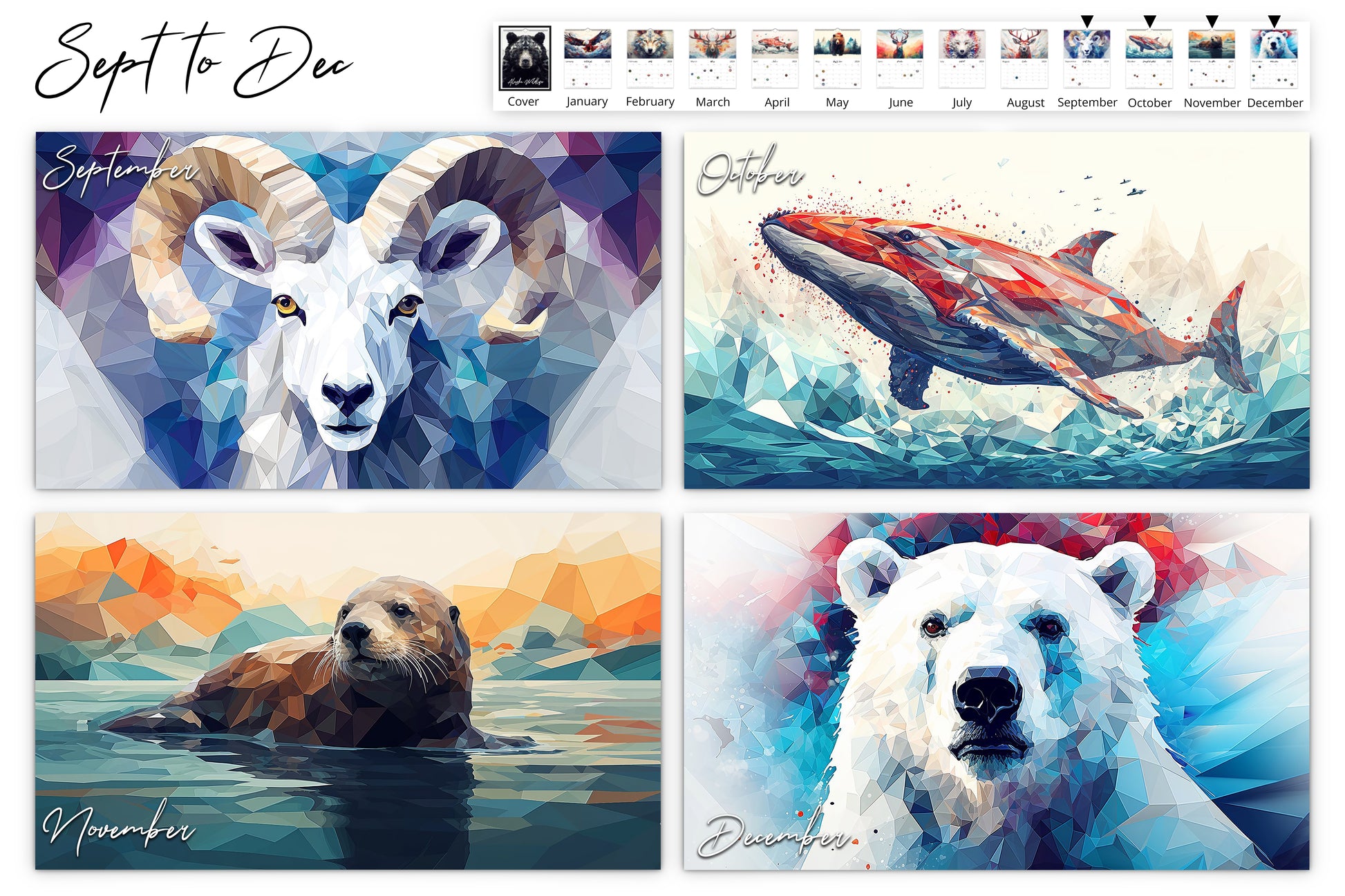 September to December calendar pages featuring geometric illustrations of a mountain goat, whale, sea otter, and polar bear respectively with holiday listings at the top