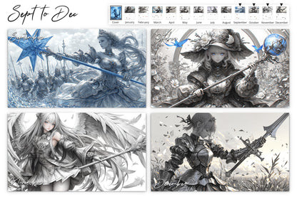 September to December pages of the Anime Inspired Enchantress calendar showing a collection of four grayscale images: a warrior queen with a star-tipped staff leading her army, an enchantress with a floral staff, a serene portrait of a maiden with an ornate staff, and a female knight with a sword, all in detailed anime style