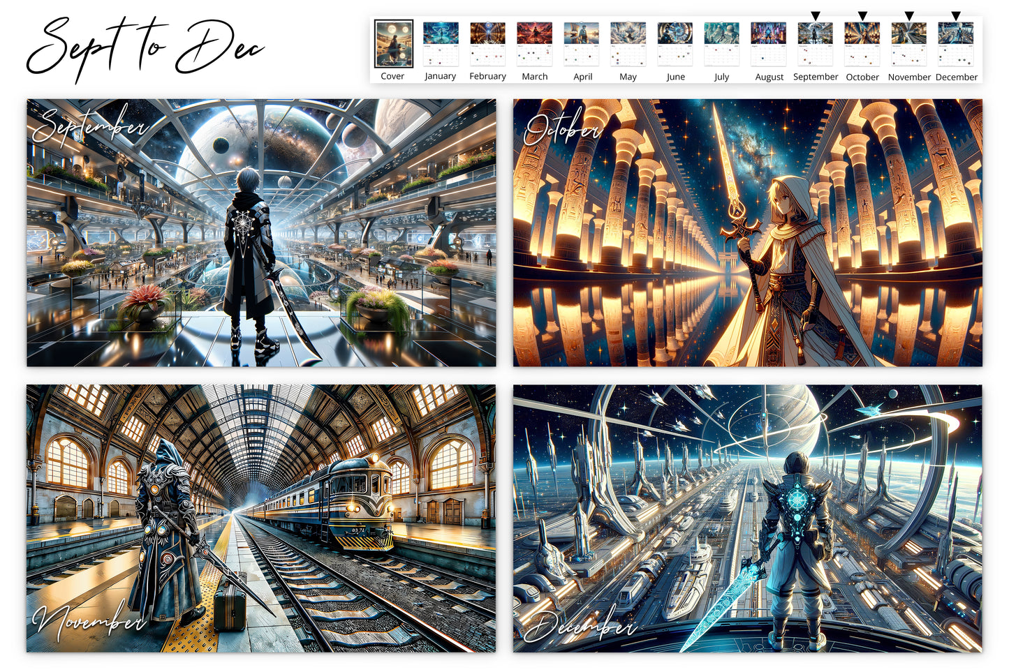 September to December calendar pages combined in a layout displaying futuristic scenes including space stations, a grand train station, and towering columns under a starry sky.