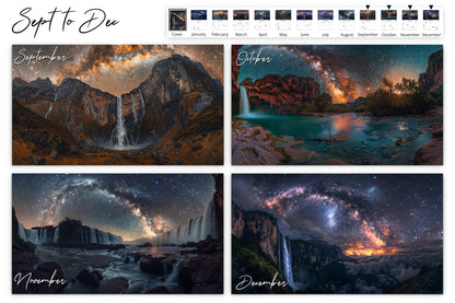 September to December pages of the Artistic Waterfall calendar displaying various waterfalls each with a unique and captivating night sky