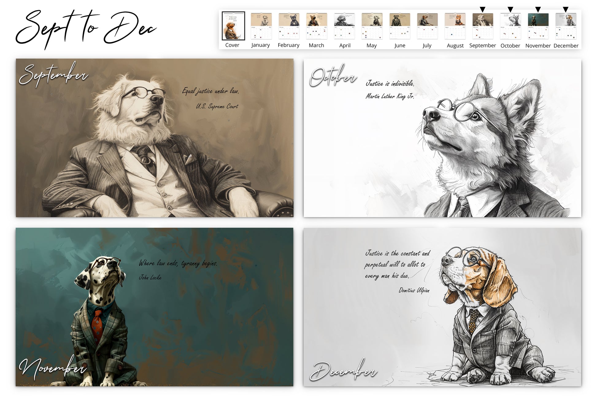 September to December page overview of the Canine Counsel Wall Calendar showing four different dog illustrations in suits, each with a justice-related quote by various historical figures. Includes calendar grids with holiday markings for each month.