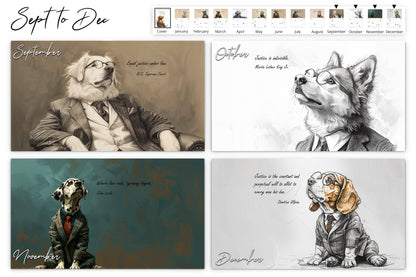 September to December page overview of the Canine Counsel Wall Calendar showing four different dog illustrations in suits, each with a justice-related quote by various historical figures. Includes calendar grids with holiday markings for each month.