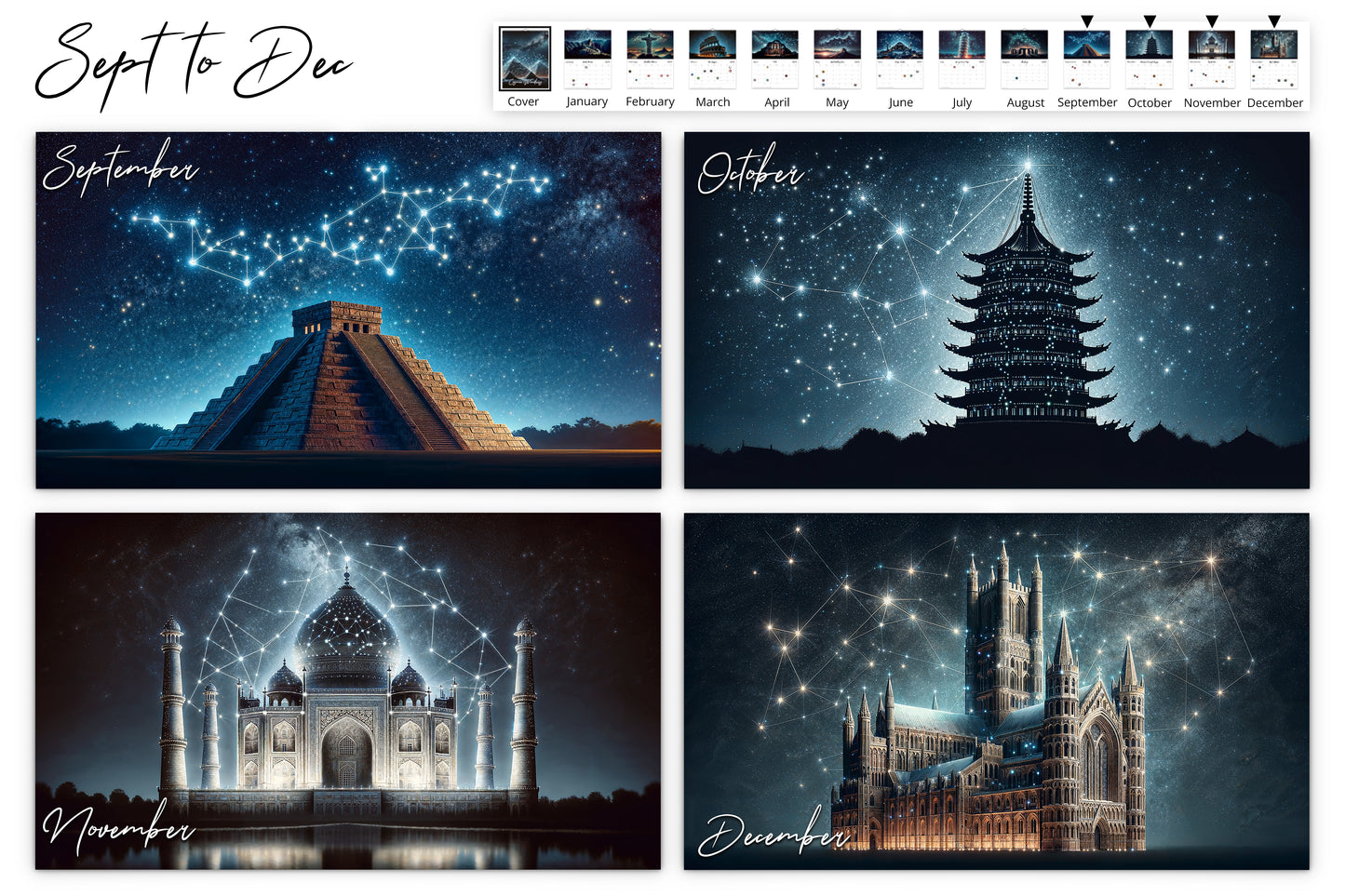 September to December calendar pages displaying Chichen Itza, a pagoda, the Taj Mahal, and a cathedral illuminated under starry skies with constellation patterns