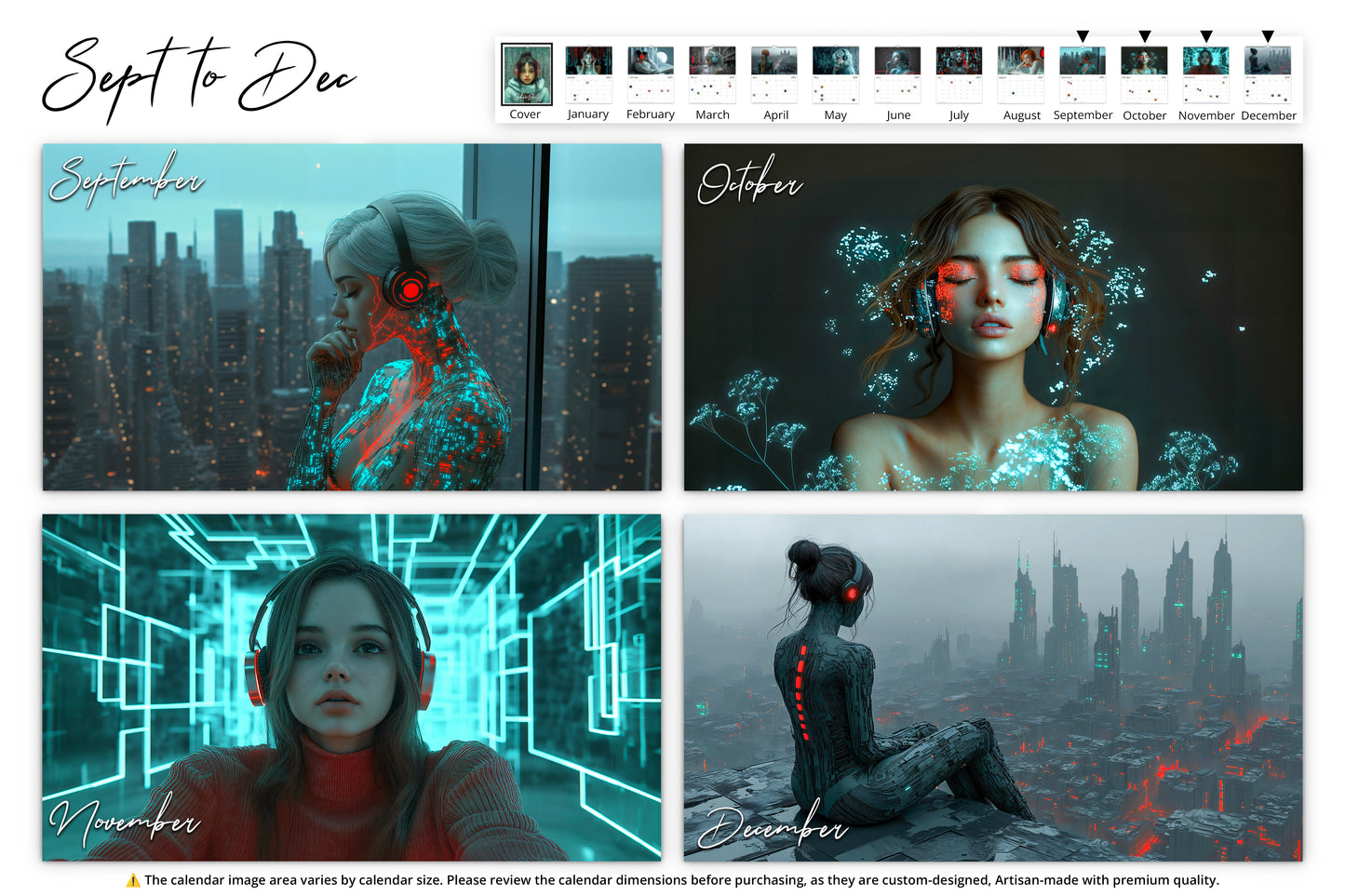 Sept-Dec: Various cyber-inspired scenes featuring women in futuristic attire, each interacting with holographic elements or overlooking neon-lit cityscapes.