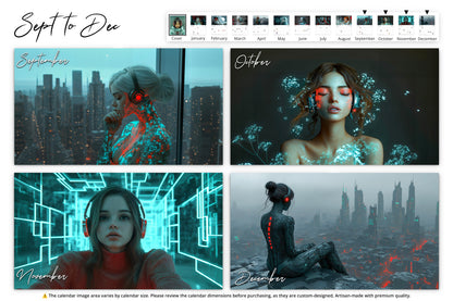 Sept-Dec: Various cyber-inspired scenes featuring women in futuristic attire, each interacting with holographic elements or overlooking neon-lit cityscapes.